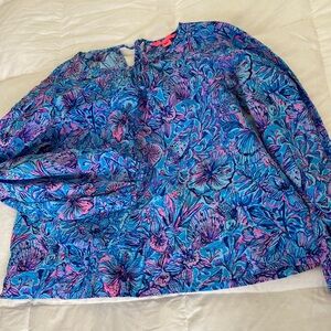 Lilly Pulitzer Rilynn Shells & Bells Poplin Blouse Vibrant Blues & Pink m